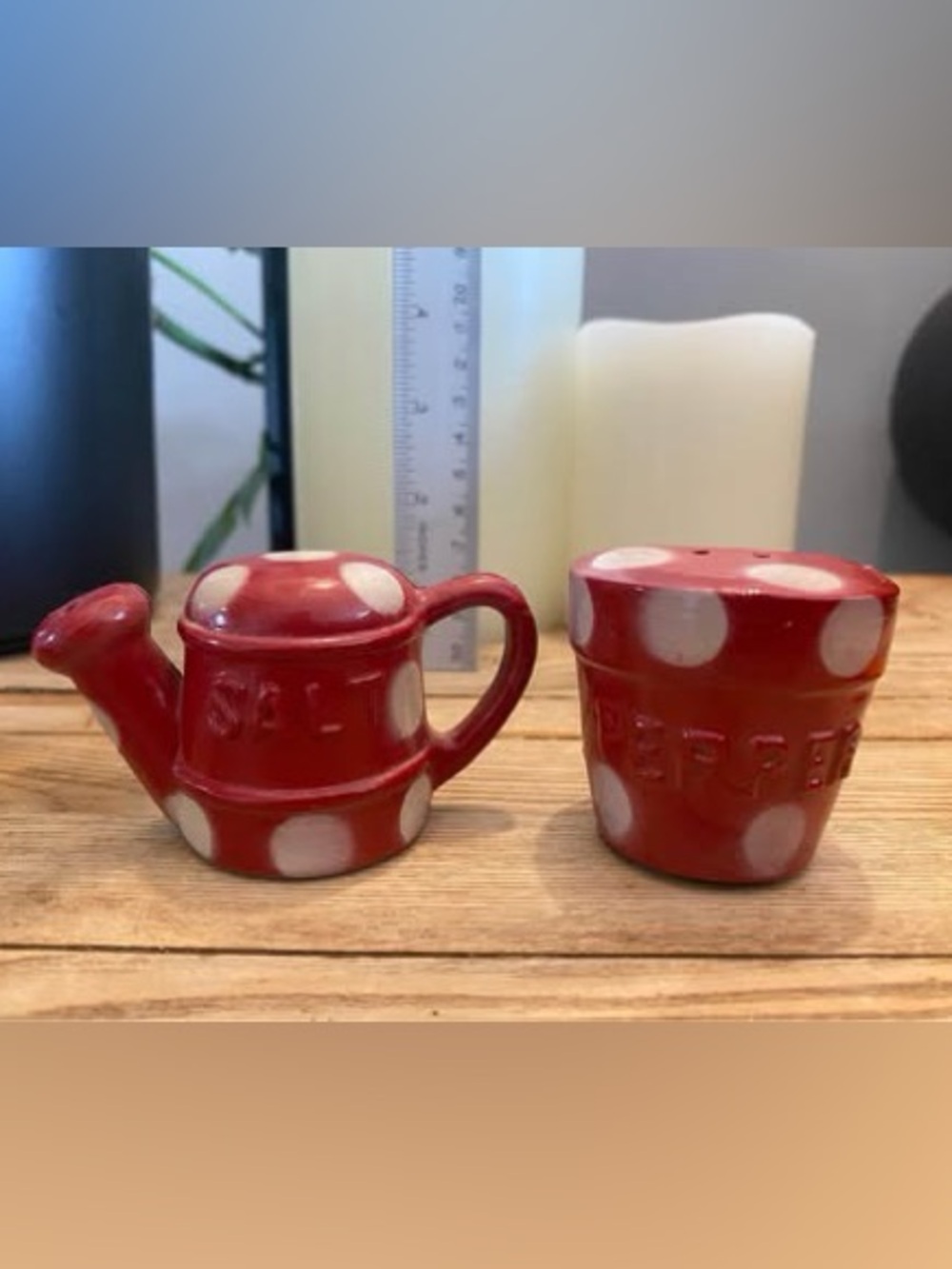 Vintage Ceramic Watering Can & Flower Pot Salt Pepper Shakers Red Polka Dot MCM